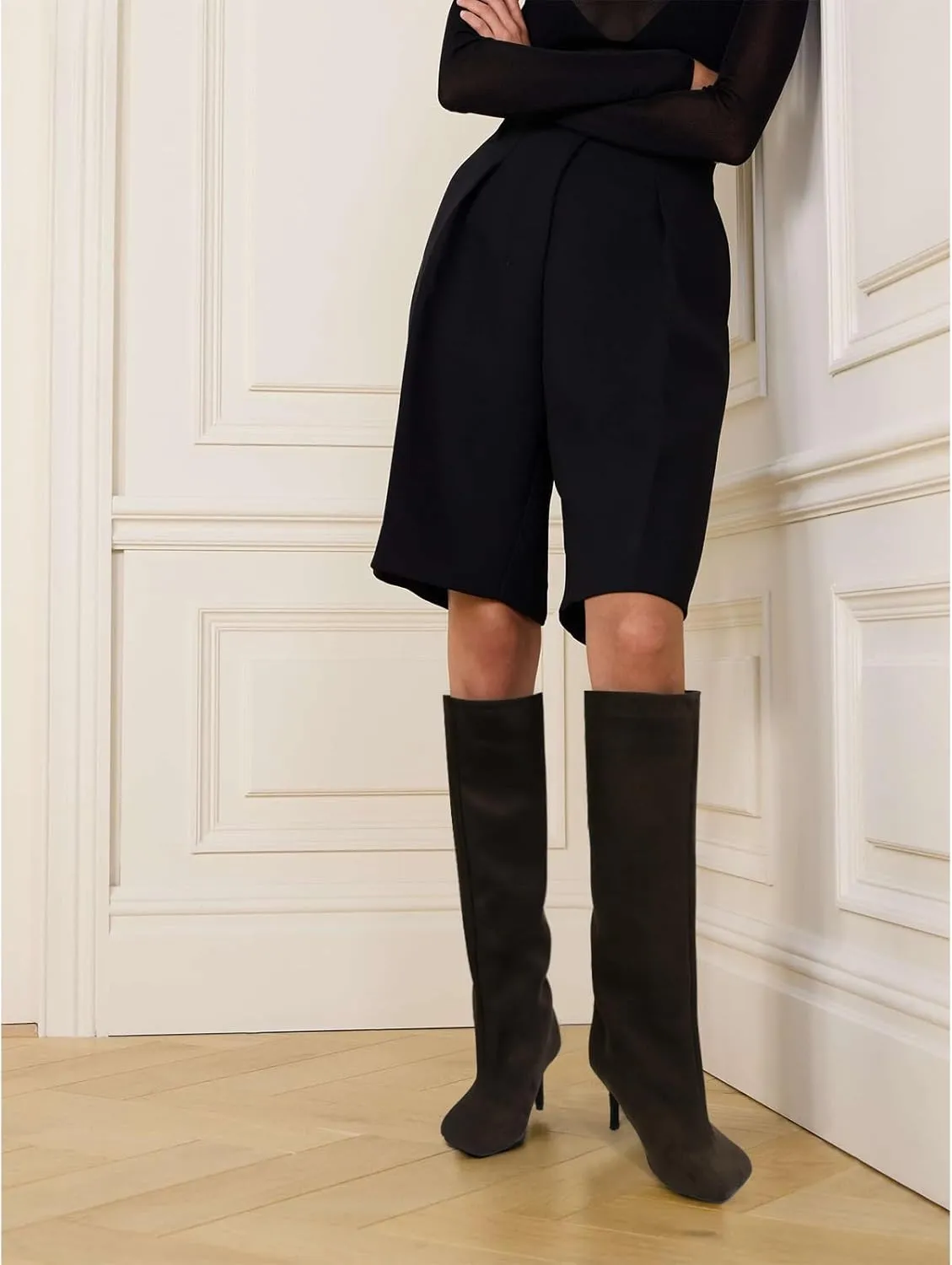 Women's Knee High Suede Boots for Women Wide Calf Square Toe Stiletto Heels Tall Boots Pull On High Heel Long Booties
