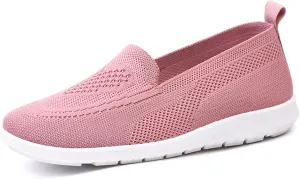 Women's Knitted Mesh Comfort Loafers,Slip on Lightweight Soft Lightweight Casual Shoes,Summer Knit Ballet Flat Sneakers. (Pink,9)