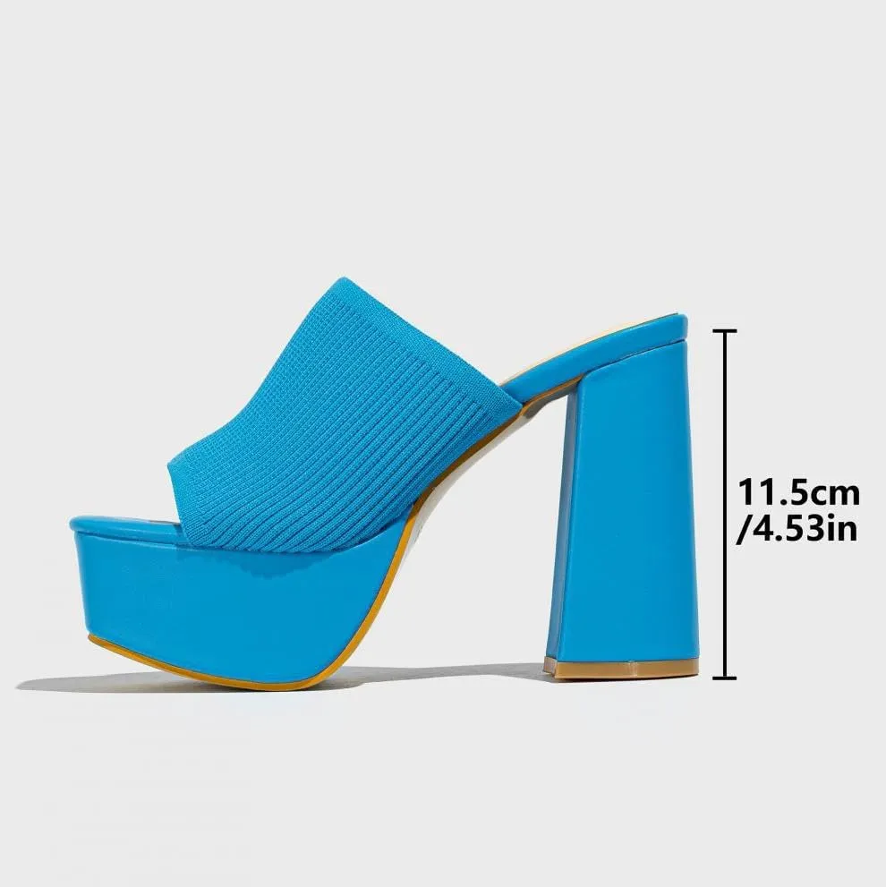 Women's Knitted Peep Toes Platform Chunky High Heel Slide Sandals Casual Fish Mouth Square Toe Shoe for Summer Beach Walking