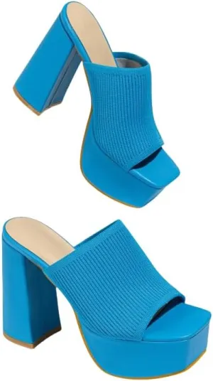 Women's Knitted Peep Toes Platform Chunky High Heel Slide Sandals Casual Fish Mouth Square Toe Shoe for Summer Beach Walking