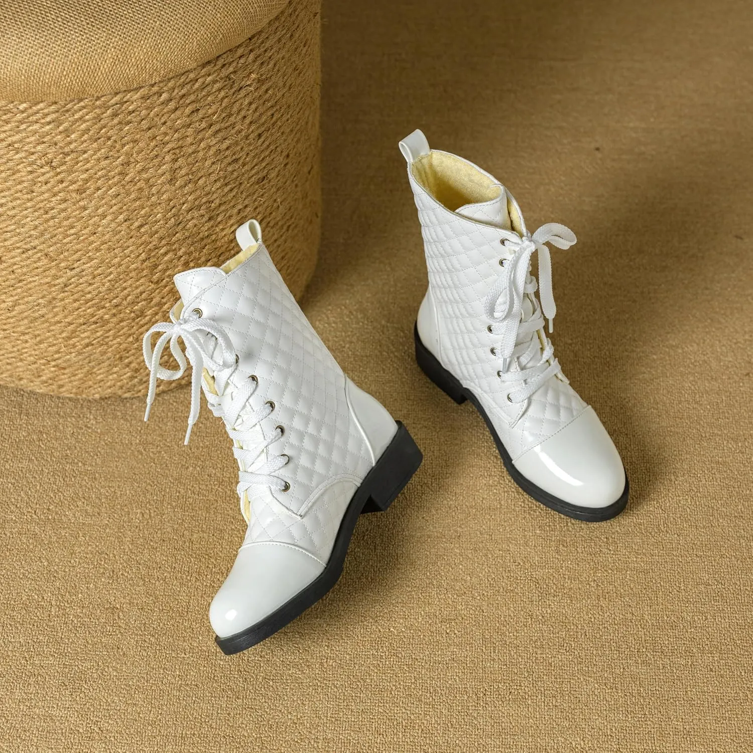 Women's Lace Up Motorcycle Riding Boots Quilted Ankle Booties Biker Military Combat Boots for Ladies