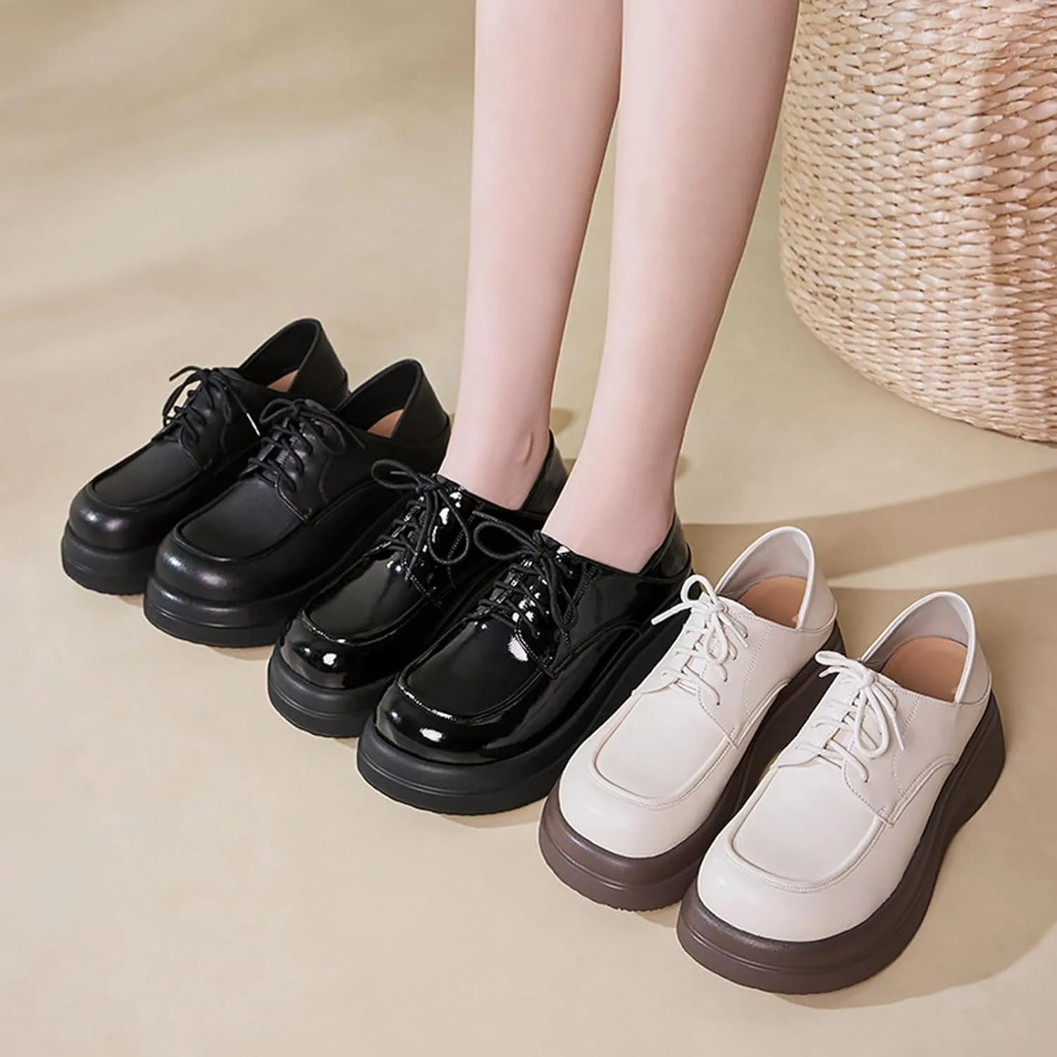 Women's Leather Chunky Platform Oxfords Fashion Wide Round Toe Platform Lace-Up Loafers Dress Shoe for Daily Outdoor Work Casual Walking Shoes
