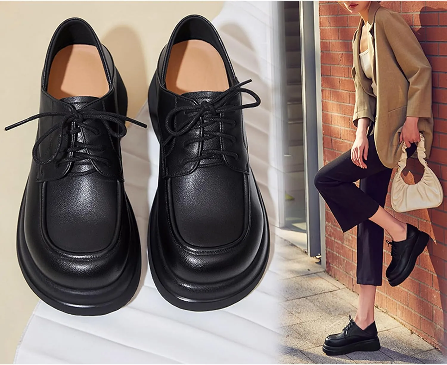 Women's Leather Chunky Platform Oxfords Fashion Wide Round Toe Platform Lace-Up Loafers Dress Shoe for Daily Outdoor Work Casual Walking Shoes