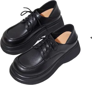 Women's Leather Chunky Platform Oxfords Fashion Wide Round Toe Platform Lace-Up Loafers Dress Shoe for Daily Outdoor Work Casual Walking Shoes