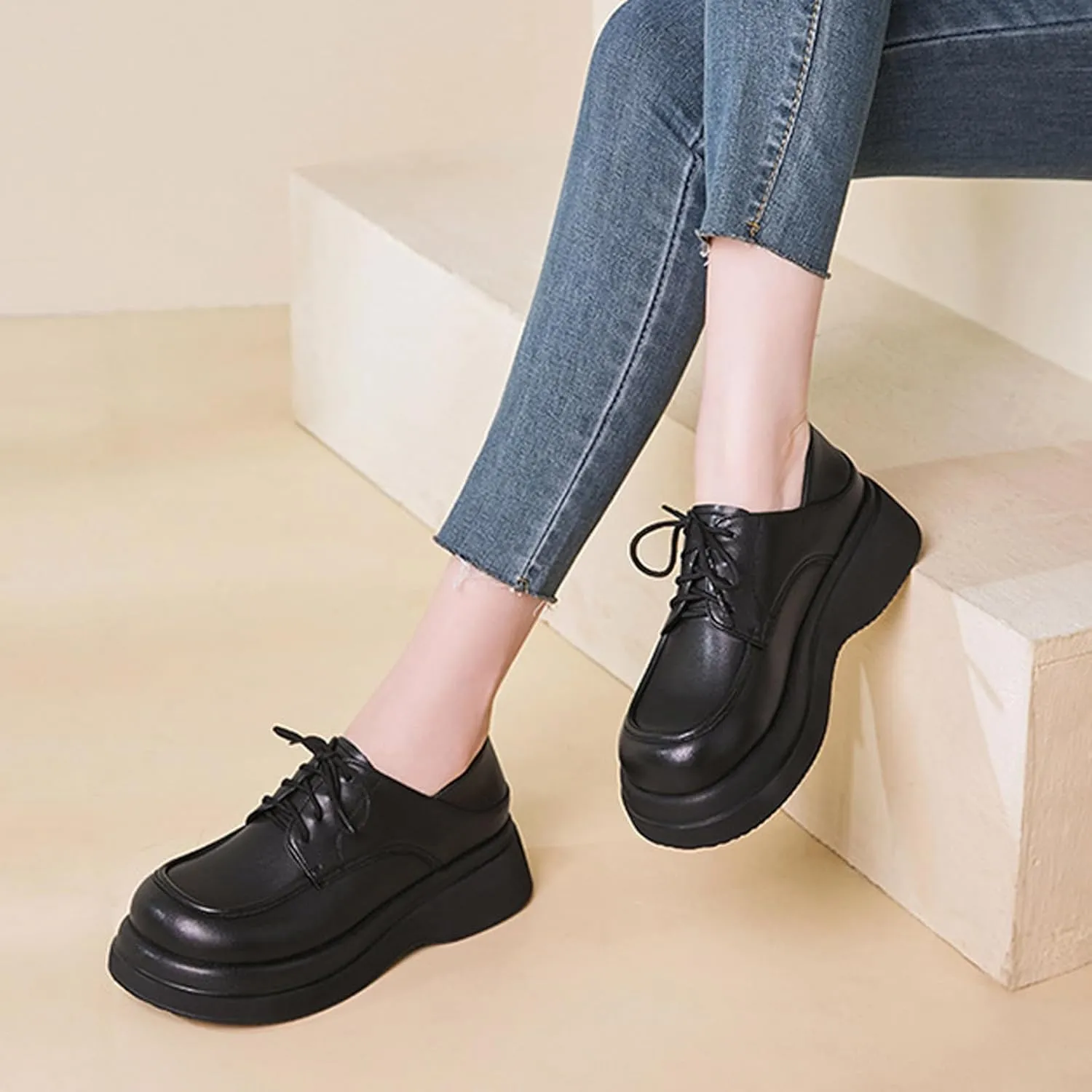 Women's Leather Chunky Platform Oxfords Fashion Wide Round Toe Platform Lace-Up Loafers Dress Shoe for Daily Outdoor Work Casual Walking Shoes