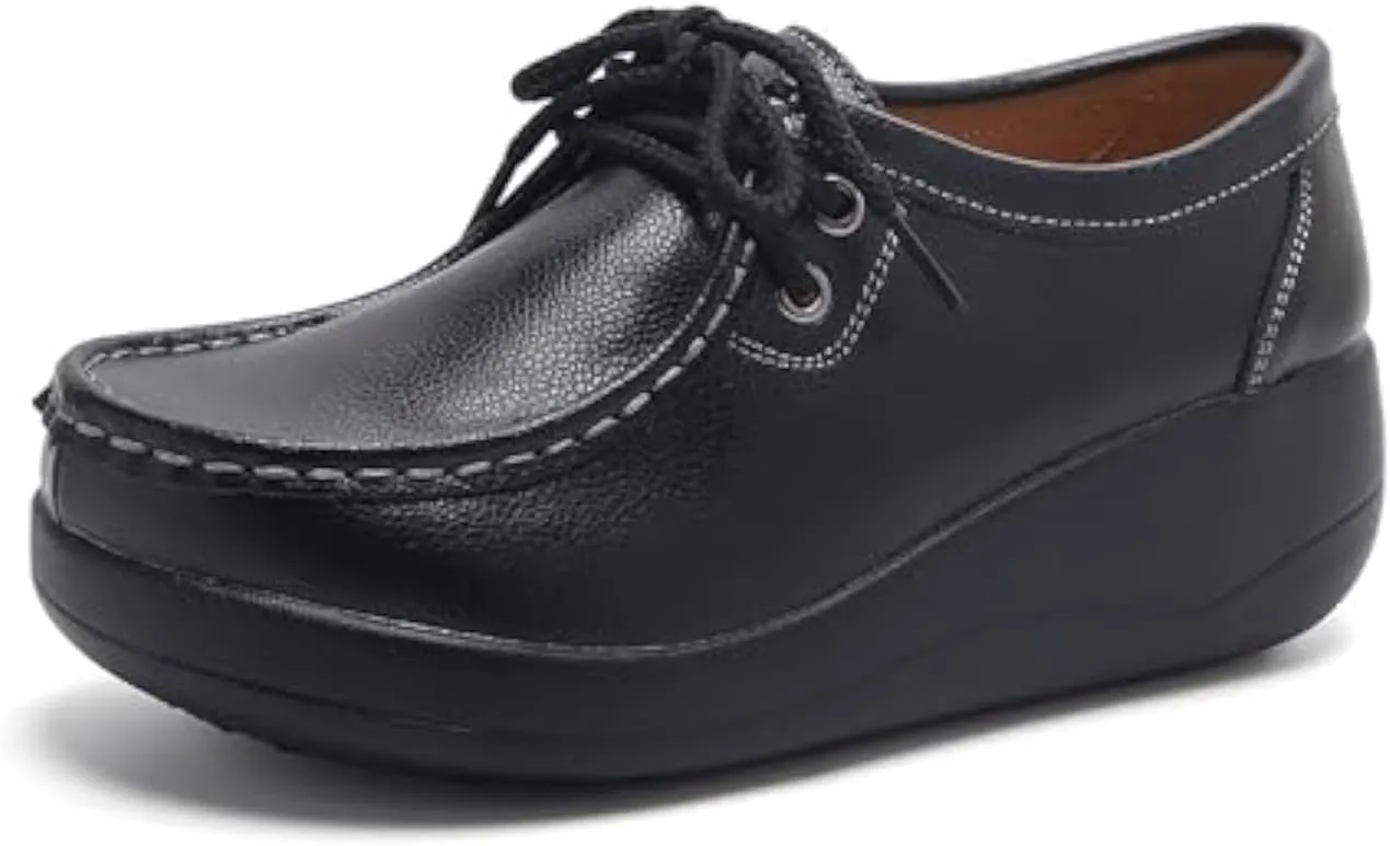 Women's Leather Lace up Slip On Platform Loafers,Comfortable Arch Support Round Toe Wedge Moccasins Non-Slip Increase Height Nurse Work Shoes