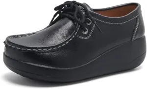 Women's Leather Lace up Slip On Platform Loafers,Comfortable Arch Support Round Toe Wedge Moccasins Non-Slip Increase Height Nurse Work Shoes