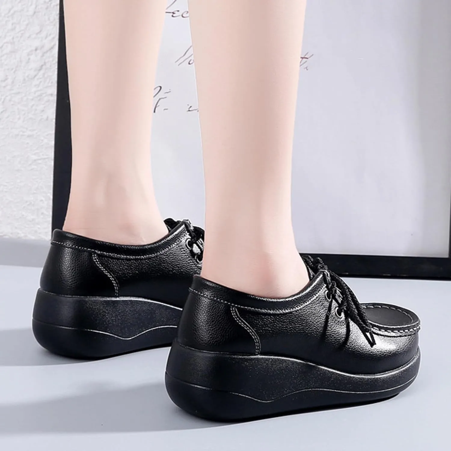 Women's Leather Lace up Slip On Platform Loafers,Comfortable Arch Support Round Toe Wedge Moccasins Non-Slip Increase Height Nurse Work Shoes