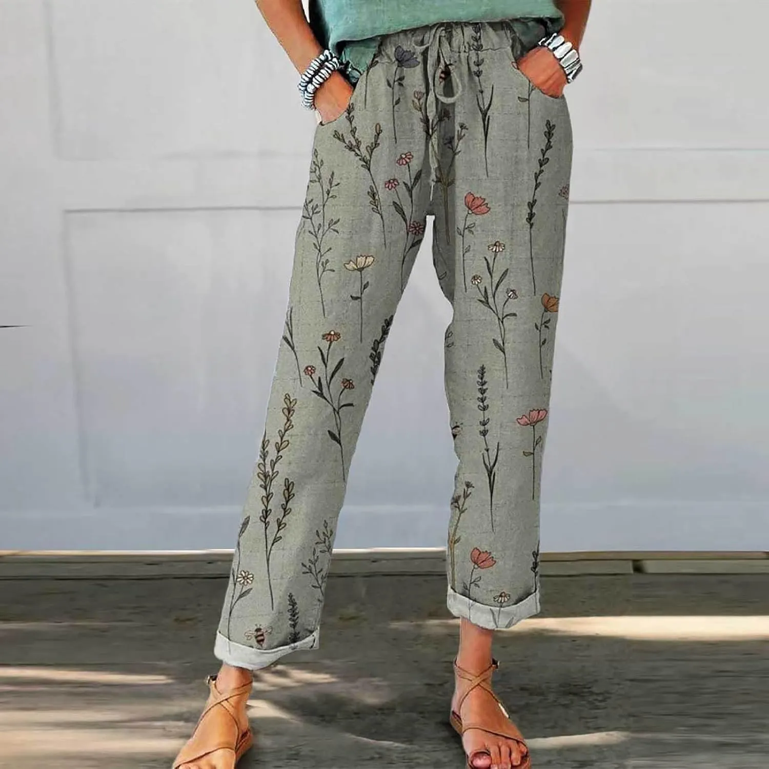 Womens Linen Clothing Tall Linen Pants Women Autumn Linen Print Casual Pants Short Linen Pants for Women