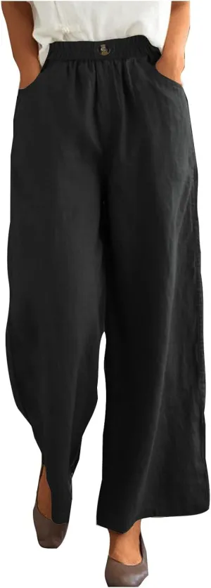 Womens Linen Pants Wide Leg Loose Sports Casual Pants Mid Waist Solid Color Wide Leg Pants Casual Linen Blend Pants