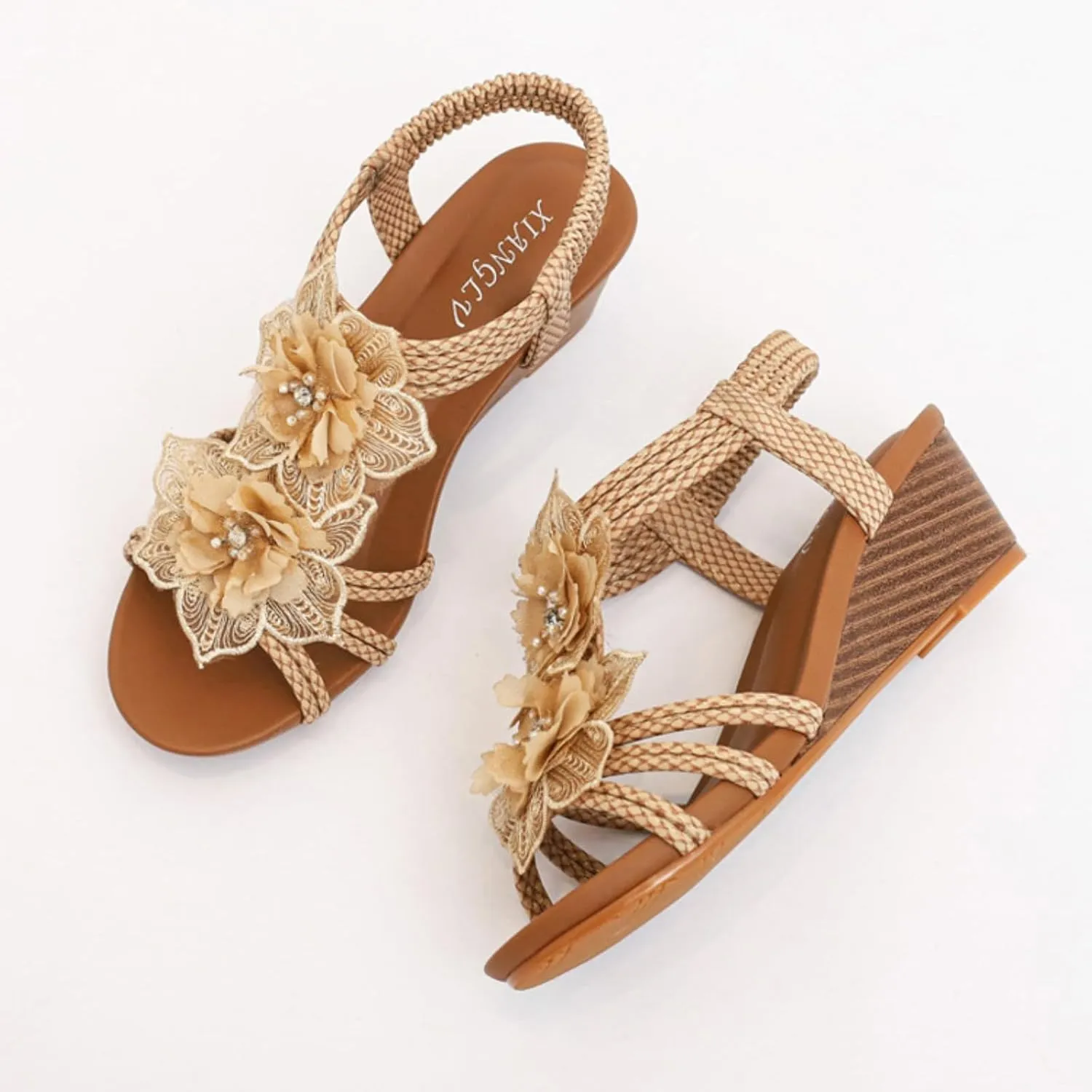 Women's Low Wedge Heels Summer Dressy Platform Sandals Ankle Strap Open Toe Slip On Flower Shoes Cute Comfy Wedges Heels Beach Sandal Bohemian Wedding Breathable Fashion Trendy Sandals