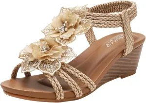Women's Low Wedge Heels Summer Dressy Platform Sandals Ankle Strap Open Toe Slip On Flower Shoes Cute Comfy Wedges Heels Beach Sandal Bohemian Wedding Breathable Fashion Trendy Sandals