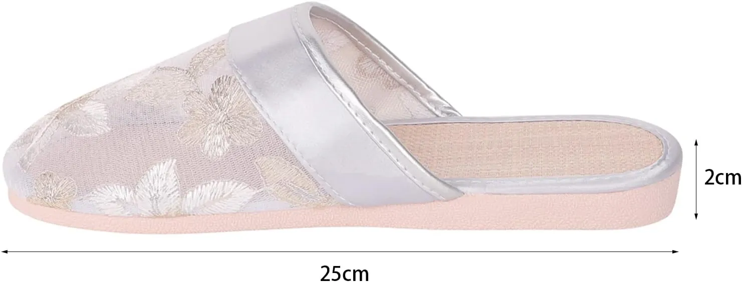 Women's Mesh Slippers Embroidered Closed Toe Flax House Loafers Mules Backless Floral Sandals Breathable Portable Home Travel Spa Guest Indoor Skidproof Beach Mother's Day Shoes