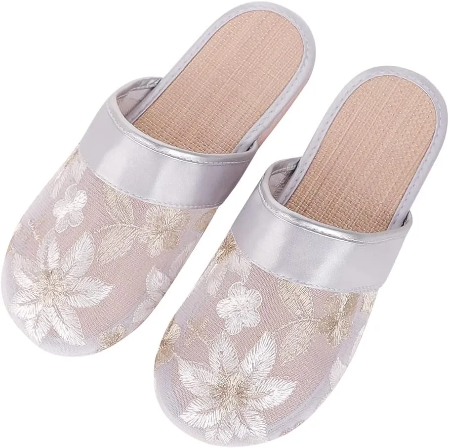 Women's Mesh Slippers Embroidered Closed Toe Flax House Loafers Mules Backless Floral Sandals Breathable Portable Home Travel Spa Guest Indoor Skidproof Beach Mother's Day Shoes