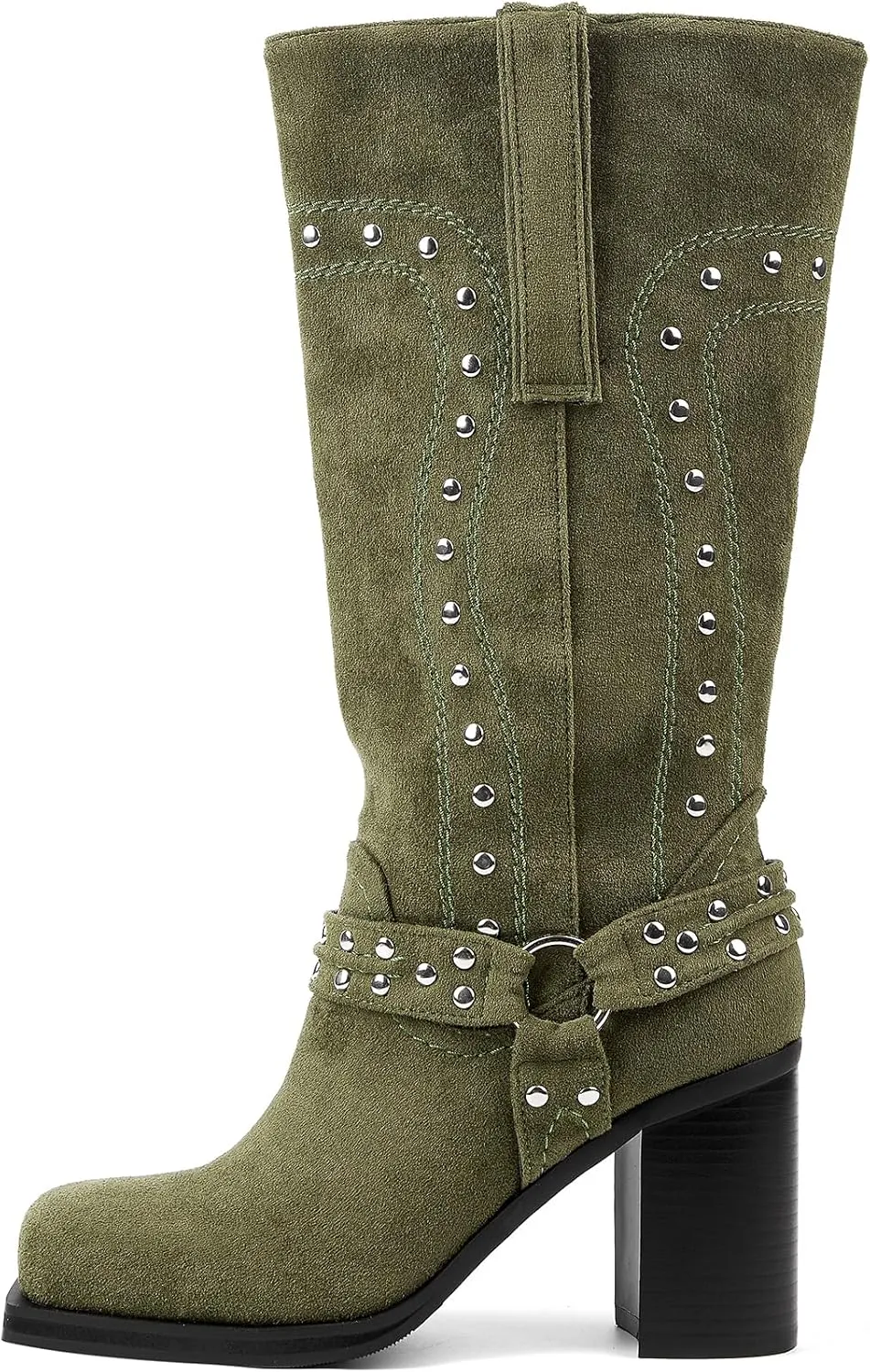 Women's Mid Calf Boots Motorcycle Biker Boots Studded Buckle Square Toe Pull On Block Heeled Booties Fashion Suede Riding Shoes for Women