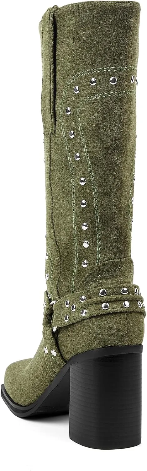 Women's Mid Calf Boots Motorcycle Biker Boots Studded Buckle Square Toe Pull On Block Heeled Booties Fashion Suede Riding Shoes for Women