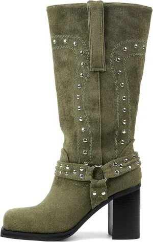 Women's Mid Calf Boots Motorcycle Biker Boots Studded Buckle Square Toe Pull On Block Heeled Booties Fashion Suede Riding Shoes for Women