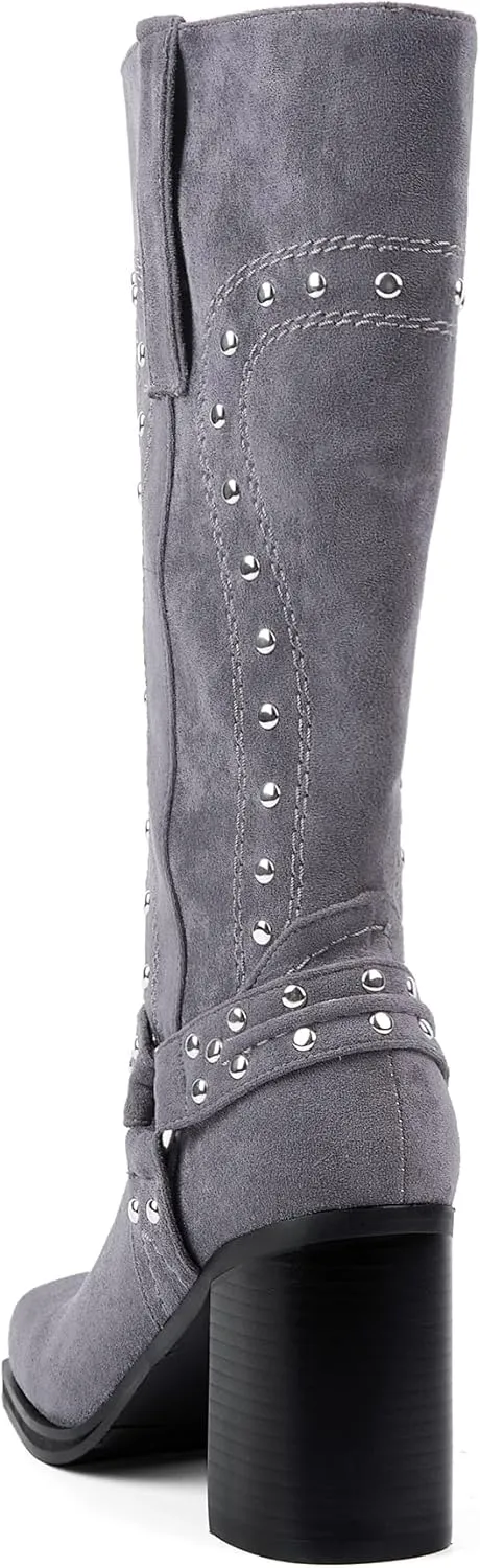 Women's Mid Calf Boots Motorcycle Biker Boots Studded Buckle Square Toe Pull On Block Heeled Booties Fashion Suede Riding Shoes for Women