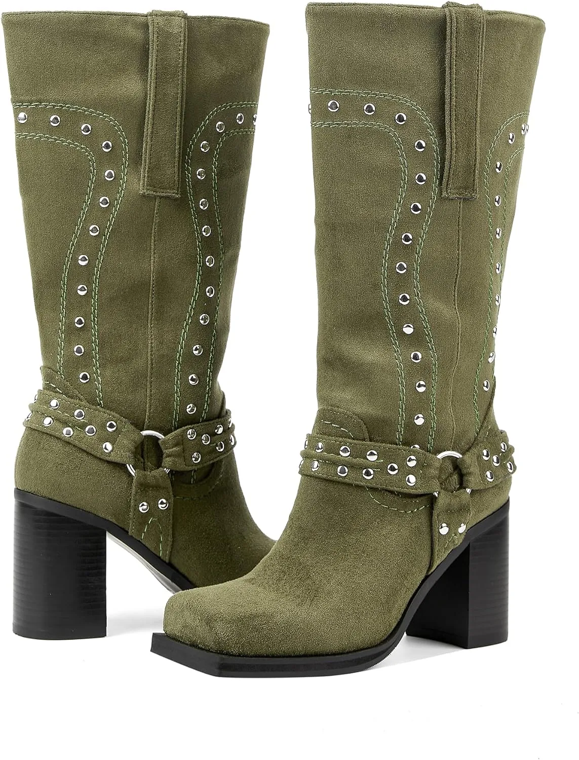 Women's Mid Calf Boots Motorcycle Biker Boots Studded Buckle Square Toe Pull On Block Heeled Booties Fashion Suede Riding Shoes for Women