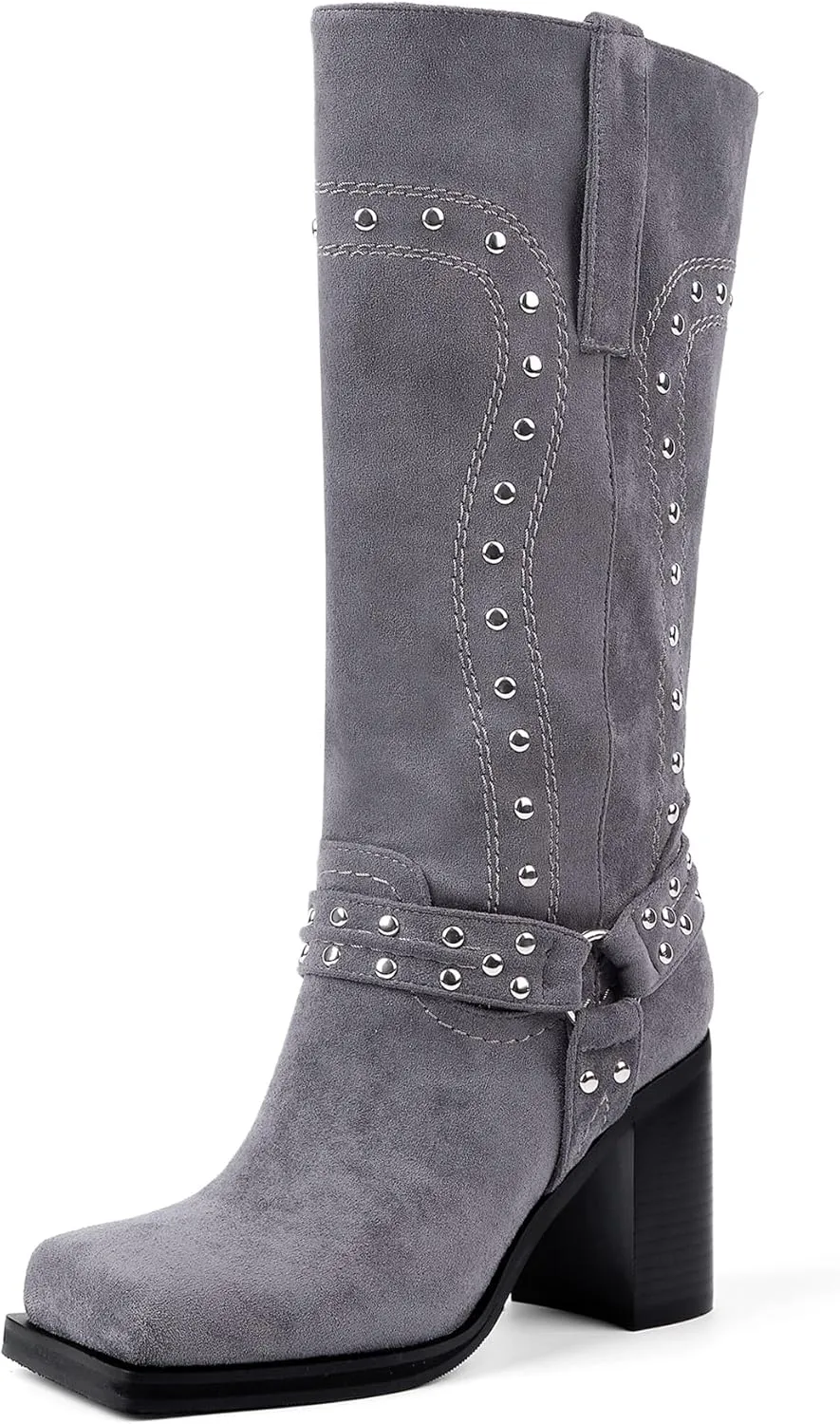 Women's Mid Calf Boots Motorcycle Biker Boots Studded Buckle Square Toe Pull On Block Heeled Booties Fashion Suede Riding Shoes for Women