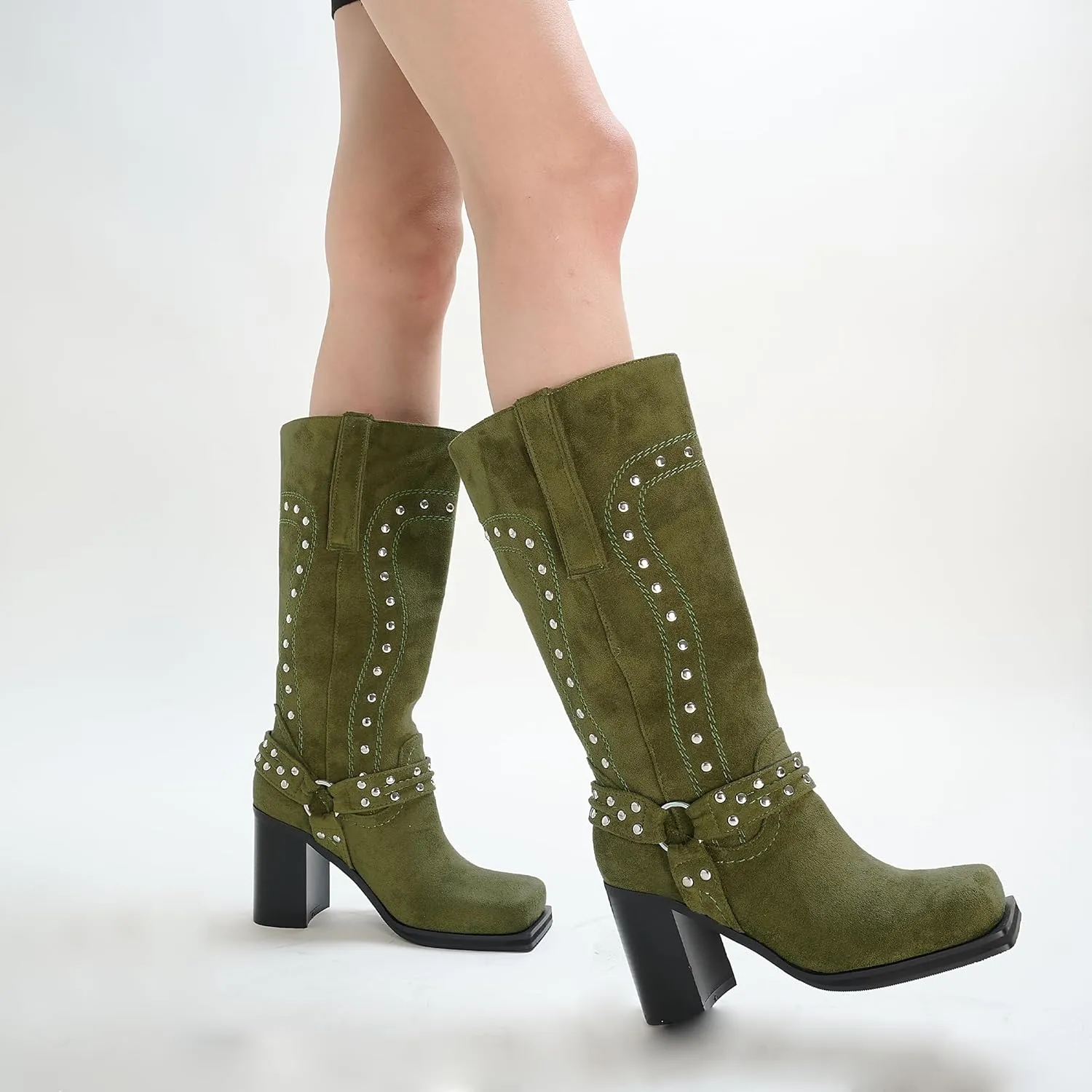 Women's Mid Calf Boots Motorcycle Biker Boots Studded Buckle Square Toe Pull On Block Heeled Booties Fashion Suede Riding Shoes for Women