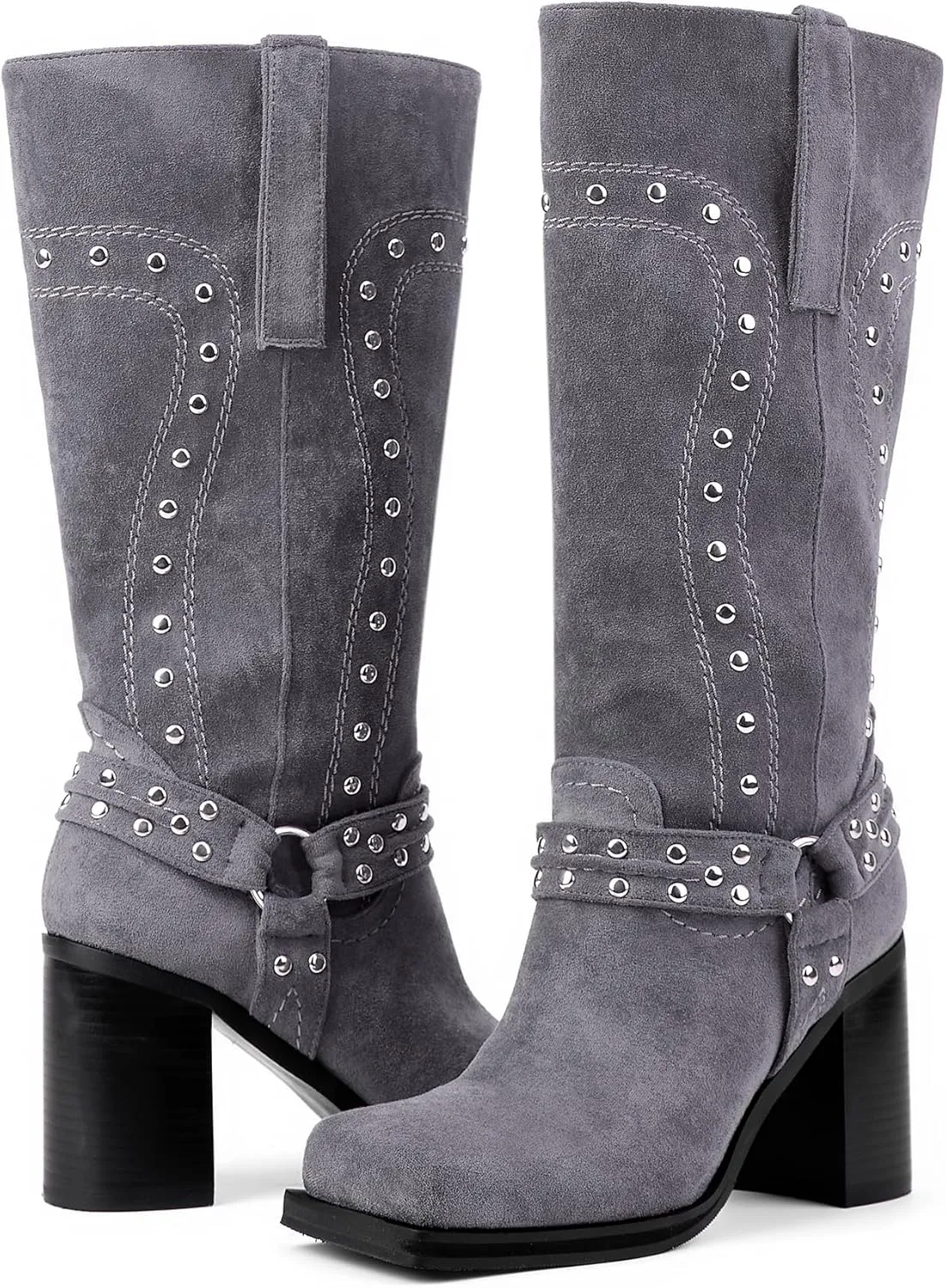 Women's Mid Calf Boots Motorcycle Biker Boots Studded Buckle Square Toe Pull On Block Heeled Booties Fashion Suede Riding Shoes for Women