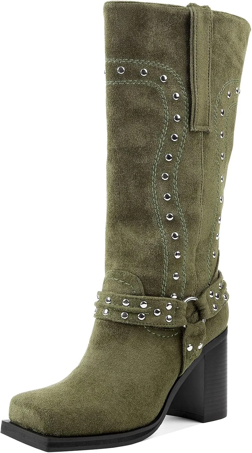 Women's Mid Calf Boots Motorcycle Biker Boots Studded Buckle Square Toe Pull On Block Heeled Booties Fashion Suede Riding Shoes for Women
