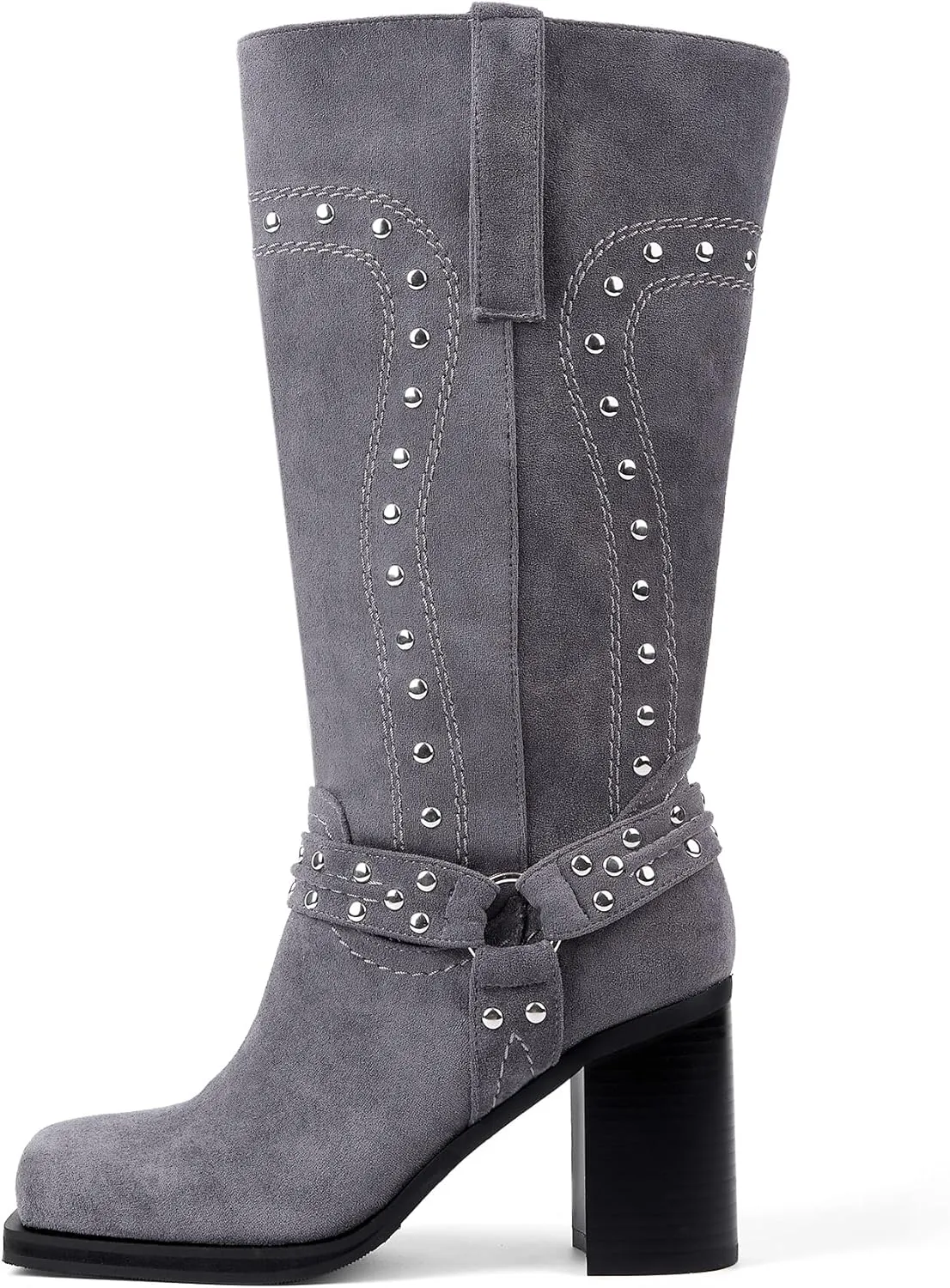 Women's Mid Calf Boots Motorcycle Biker Boots Studded Buckle Square Toe Pull On Block Heeled Booties Fashion Suede Riding Shoes for Women