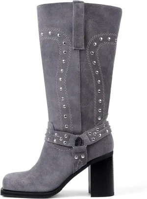 Women's Mid Calf Boots Motorcycle Biker Boots Studded Buckle Square Toe Pull On Block Heeled Booties Fashion Suede Riding Shoes for Women