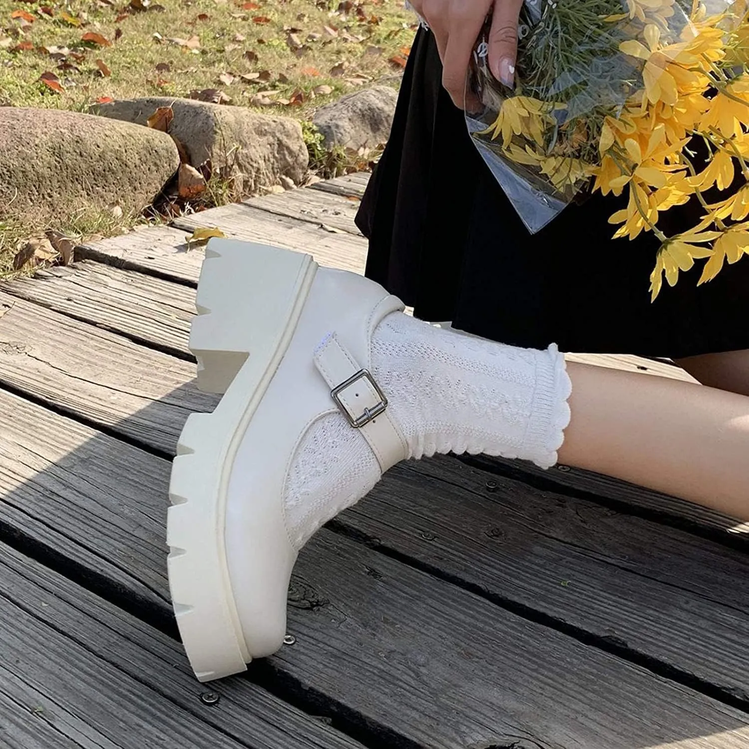 Women's Platform Mary Janes Chunky Heel Ankle Strap Uniform Dress Shoes Heeled Gothic Lolita Oxfords