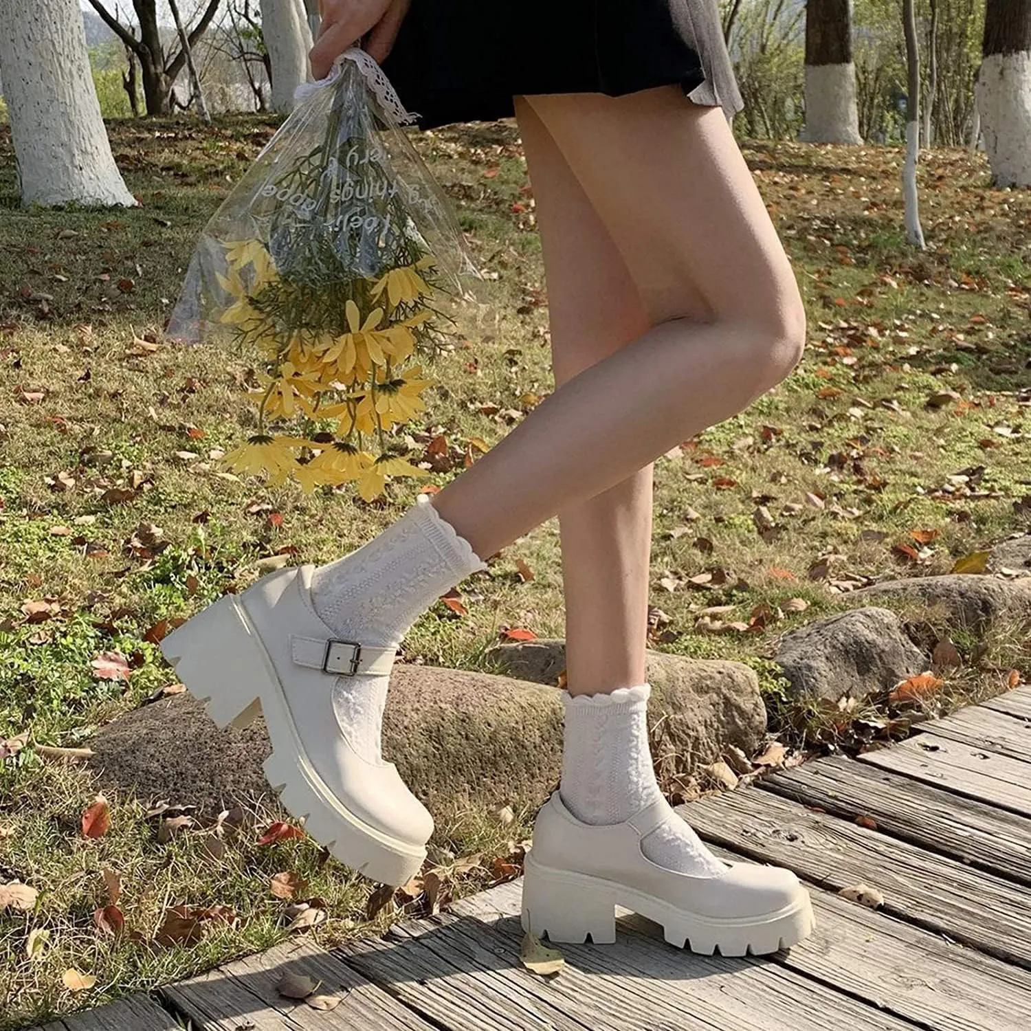 Women's Platform Mary Janes Chunky Heel Ankle Strap Uniform Dress Shoes Heeled Gothic Lolita Oxfords