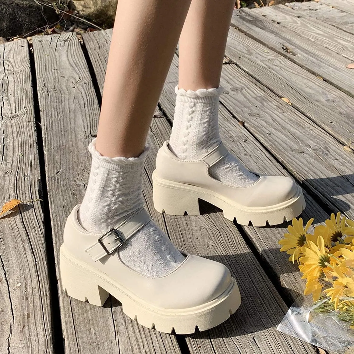 Women's Platform Mary Janes Chunky Heel Ankle Strap Uniform Dress Shoes Heeled Gothic Lolita Oxfords