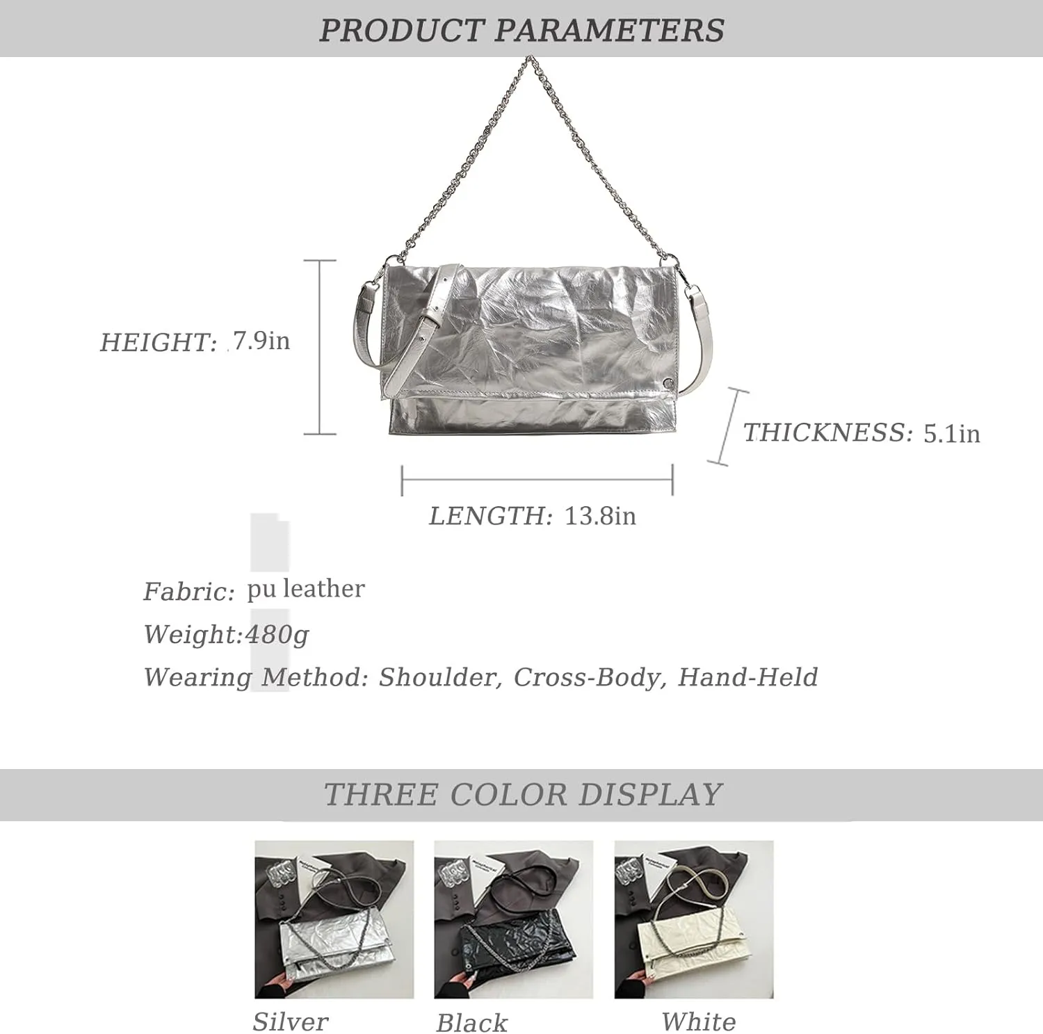 Women'S Pleated Leather Chain Shoulder Hobo Bag Fashion Large Capacity Foldable Tote Handbags for work Commute