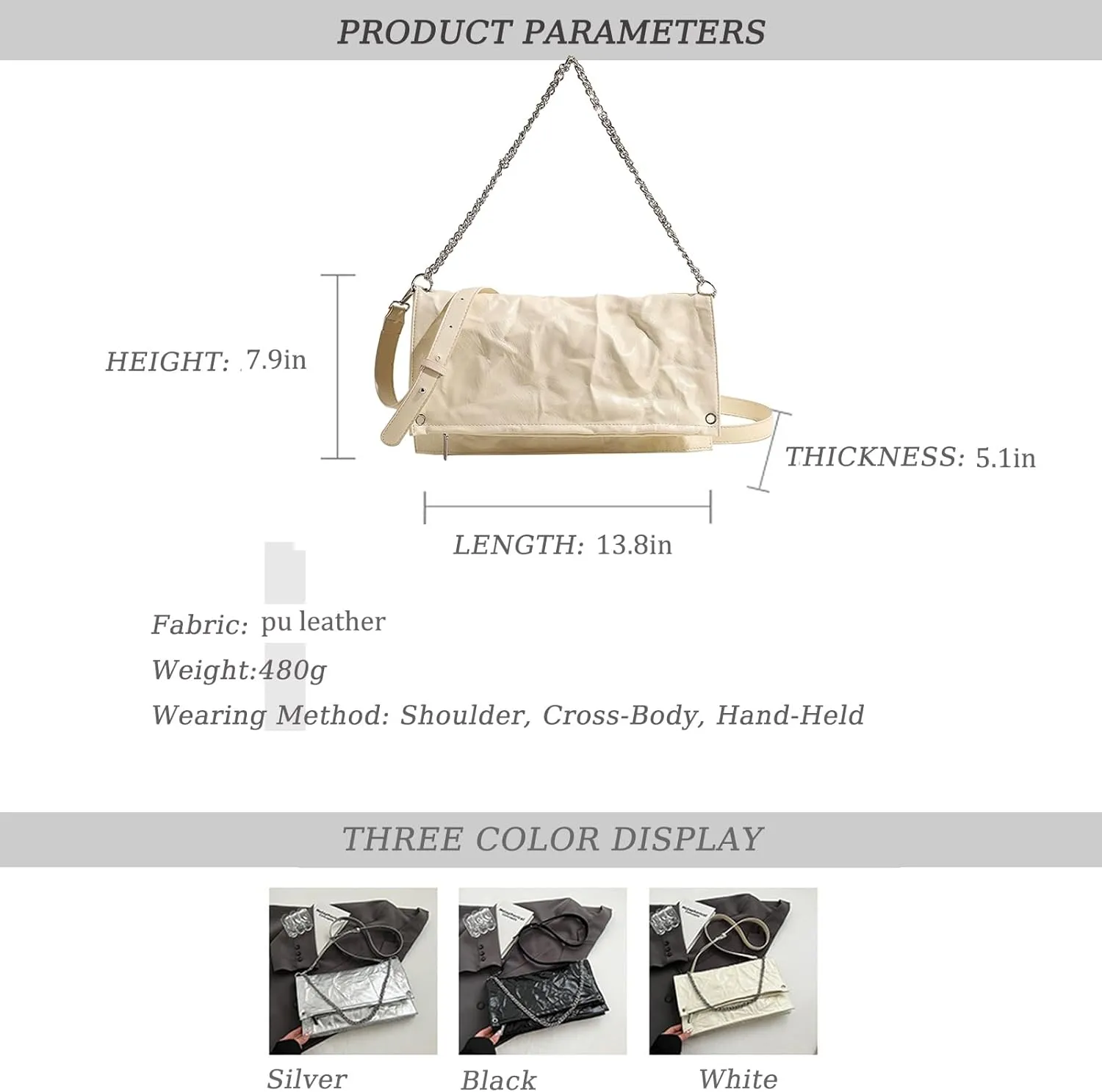 Women'S Pleated Leather Chain Shoulder Hobo Bag Fashion Large Capacity Foldable Tote Handbags for work Commute