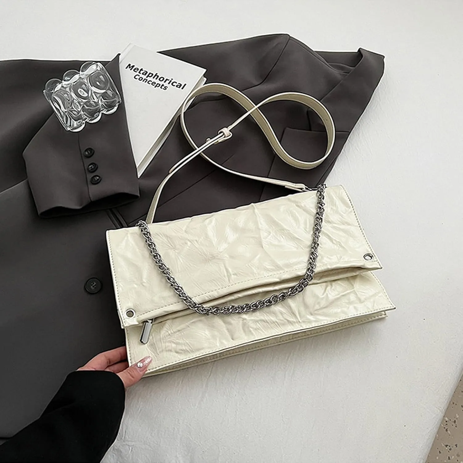 Women'S Pleated Leather Chain Shoulder Hobo Bag Fashion Large Capacity Foldable Tote Handbags for work Commute
