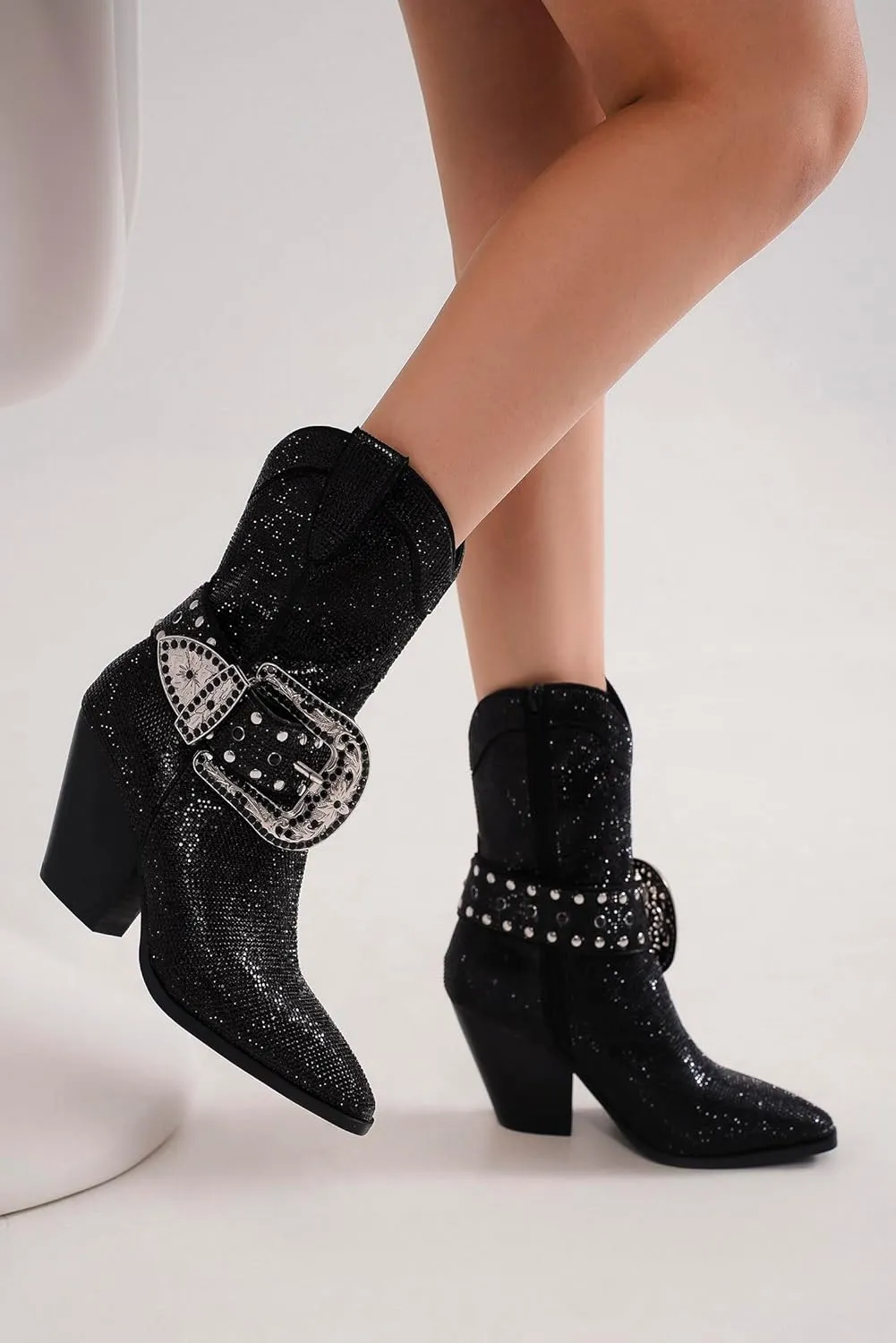 Women's Rhinestone Buckle Boots Ankle Boots Cowboy Boots Stacked Block Heel Boots Cowgirl Boots Pointed Toe Boots