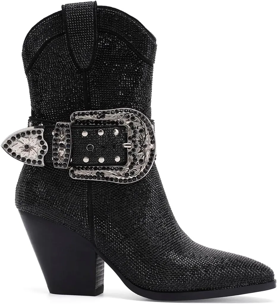 Women's Rhinestone Buckle Boots Ankle Boots Cowboy Boots Stacked Block Heel Boots Cowgirl Boots Pointed Toe Boots