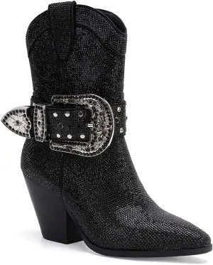 Women's Rhinestone Buckle Boots Ankle Boots Cowboy Boots Stacked Block Heel Boots Cowgirl Boots Pointed Toe Boots