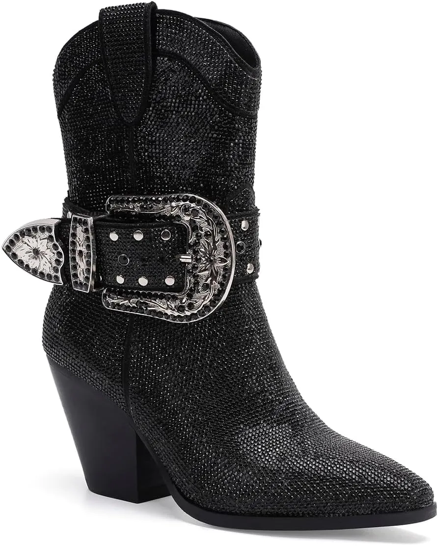 Women's Rhinestone Buckle Boots Ankle Boots Cowboy Boots Stacked Block Heel Boots Cowgirl Boots Pointed Toe Boots