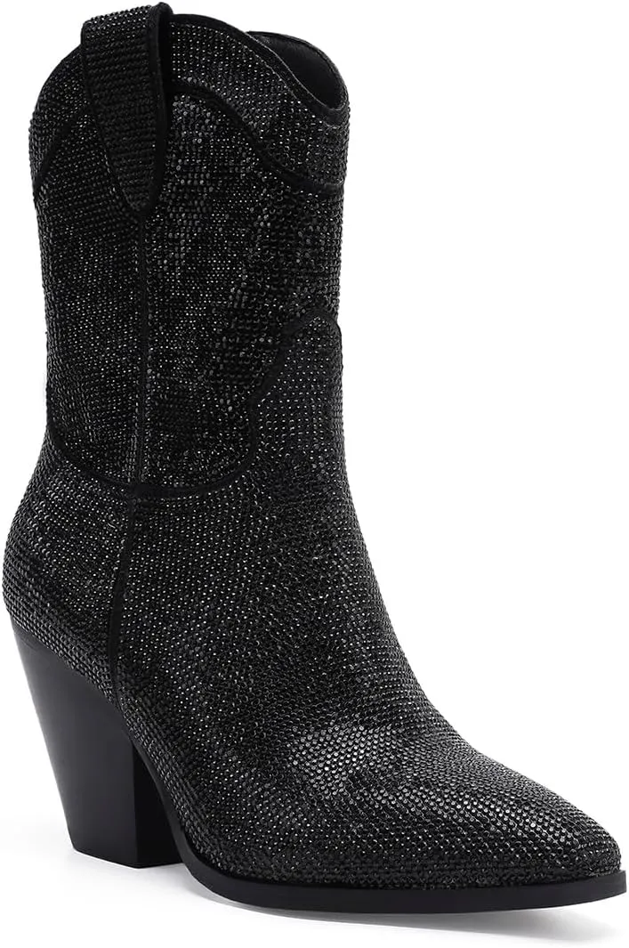 Women's Rhinestone Buckle Boots Ankle Boots Cowboy Boots Stacked Block Heel Boots Cowgirl Boots Pointed Toe Boots
