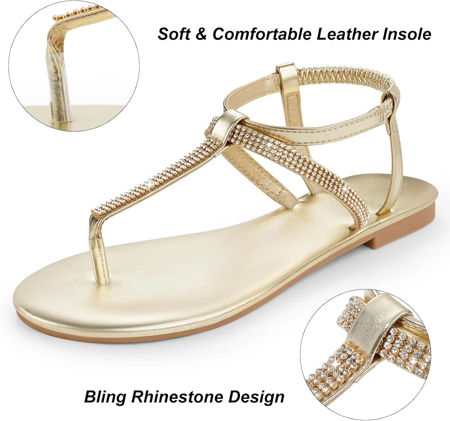 Womens Rhinestone Sandals T-Strap Crystal Flat Dressy Adjustable Ankle Thong Summer Sandals