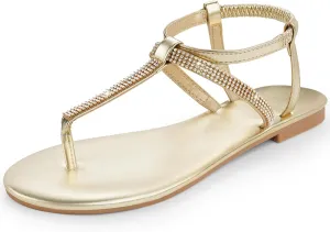Womens Rhinestone Sandals T-Strap Crystal Flat Dressy Adjustable Ankle Thong Summer Sandals