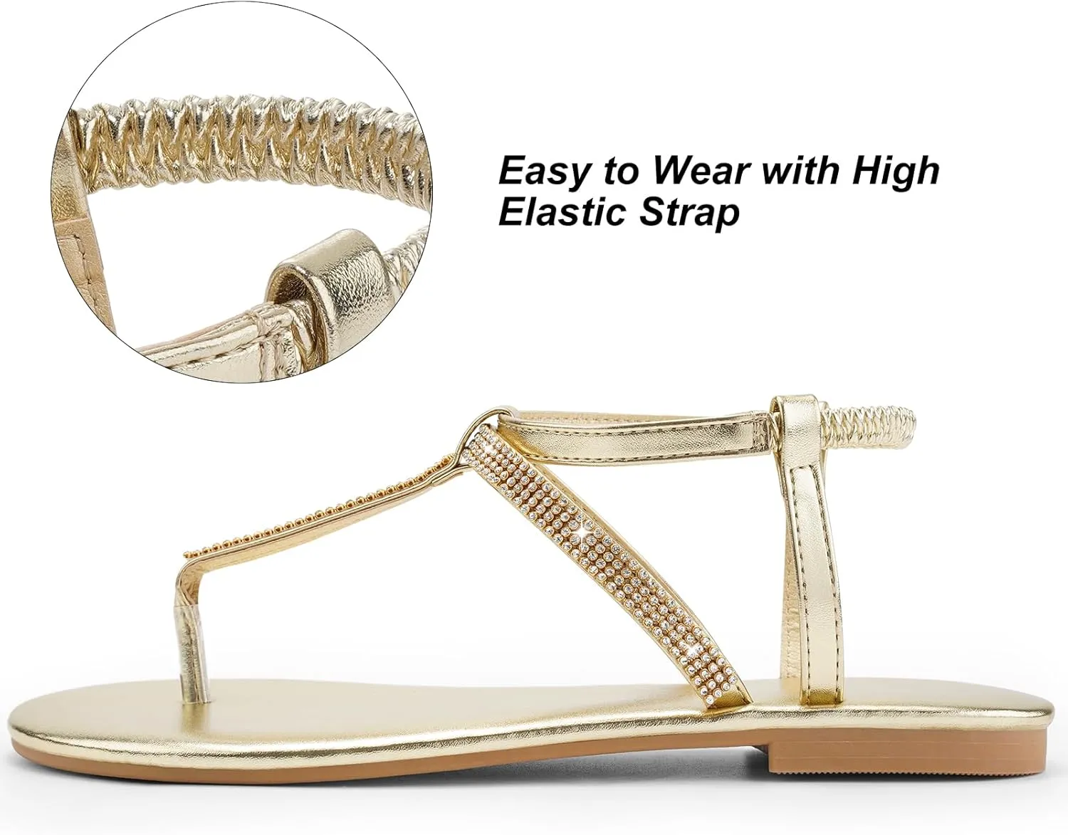 Womens Rhinestone Sandals T-Strap Crystal Flat Dressy Adjustable Ankle Thong Summer Sandals