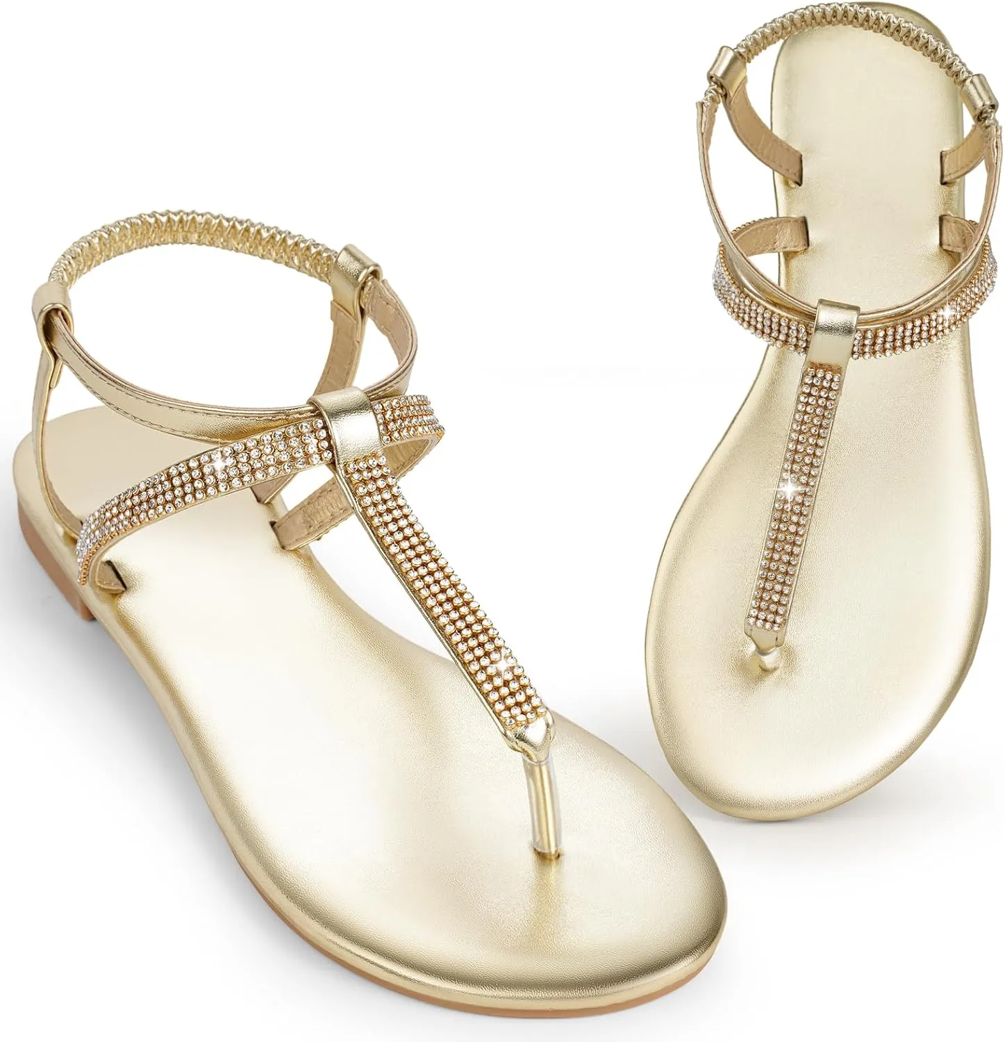 Womens Rhinestone Sandals T-Strap Crystal Flat Dressy Adjustable Ankle Thong Summer Sandals