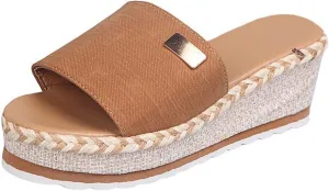 Womens Sandals 2023 Summer Fashion Casual Slip on Wedge Platform Slides Sandal Solid Open Toe Metal Decorate Slippers Comfy Outdoor Anti-Slip Shoes