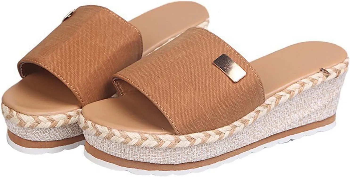 Womens Sandals 2023 Summer Fashion Casual Slip on Wedge Platform Slides Sandal Solid Open Toe Metal Decorate Slippers Comfy Outdoor Anti-Slip Shoes