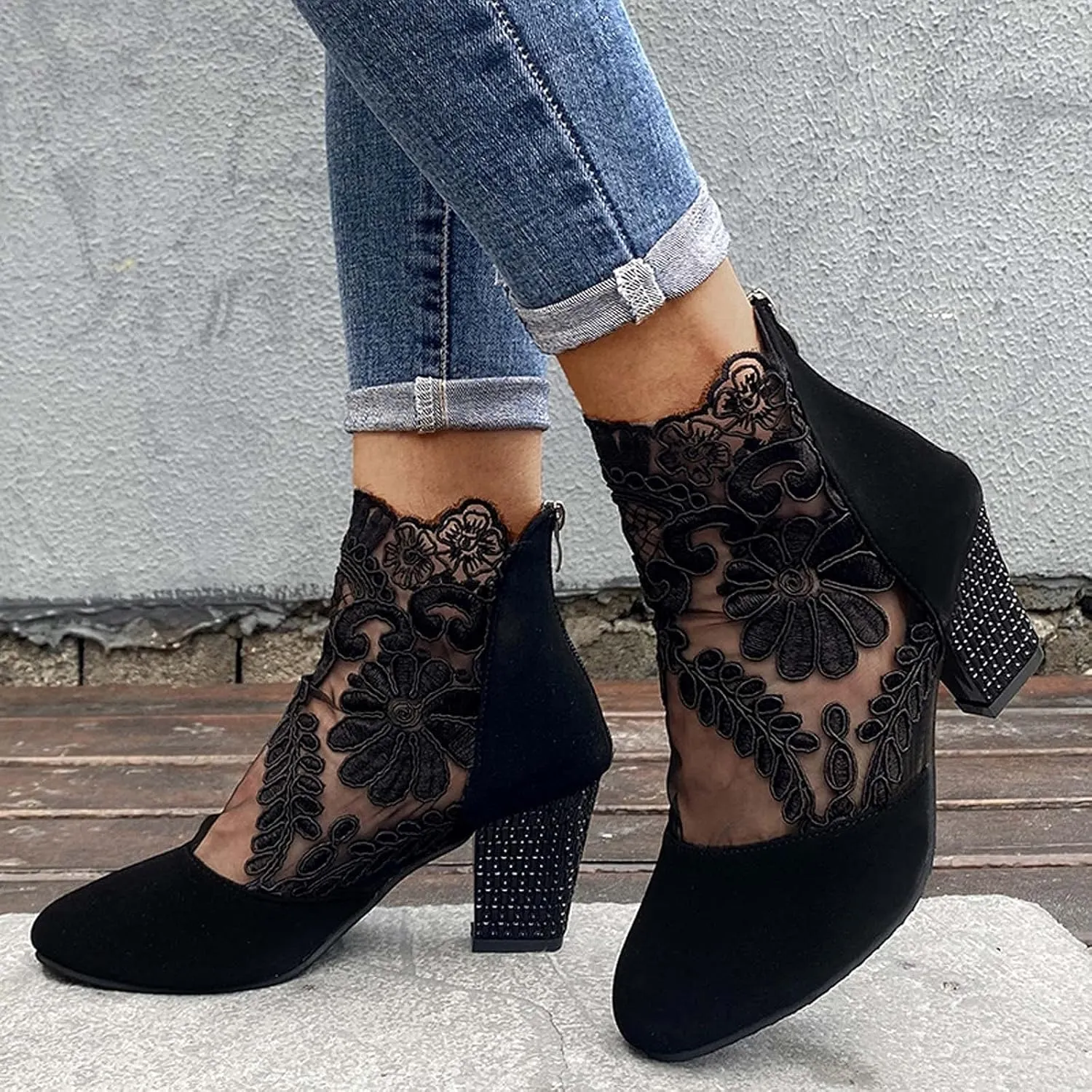 Womens Shoes Fashion Suede Dress Pump Sandal Elegant Lace Crochet Breathable Mesh High Heel Sandals
