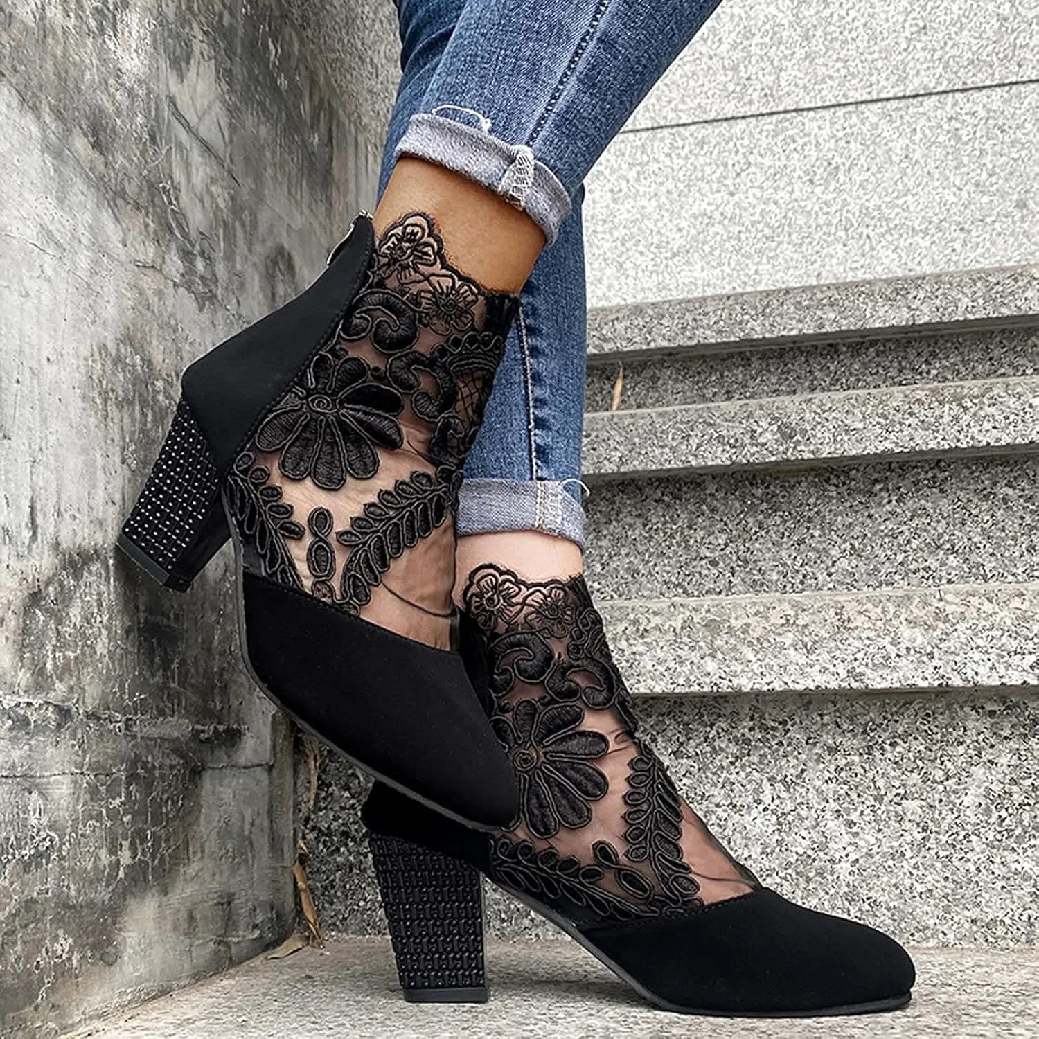 Womens Shoes Fashion Suede Dress Pump Sandal Elegant Lace Crochet Breathable Mesh High Heel Sandals