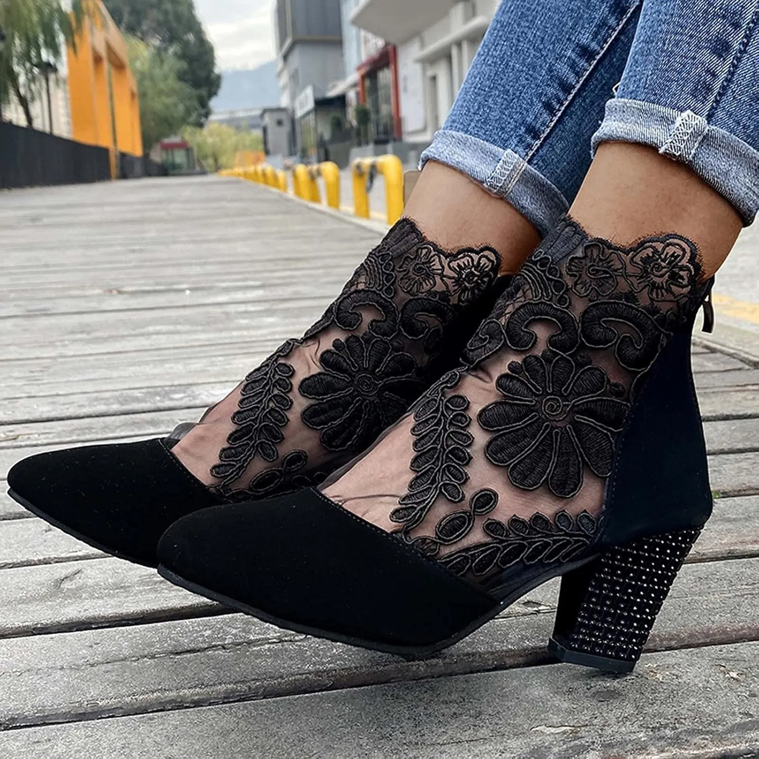 Womens Shoes Fashion Suede Dress Pump Sandal Elegant Lace Crochet Breathable Mesh High Heel Sandals