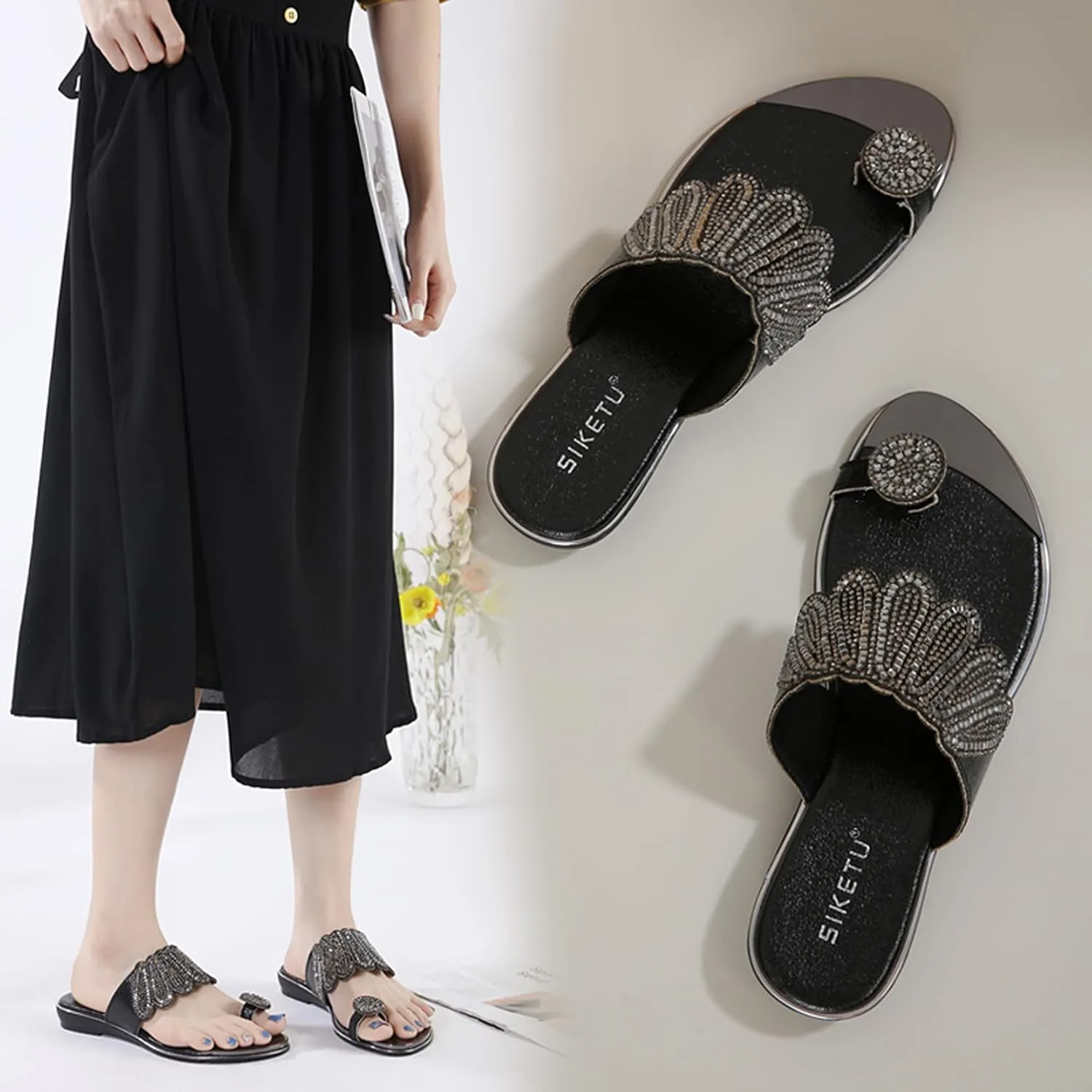 Women's Slide Flat Sandals Ladies Rhinestone Flip Flops Casual Fashion Crystal Sandal for Summer Beach Oceanside Holiday Outdoor